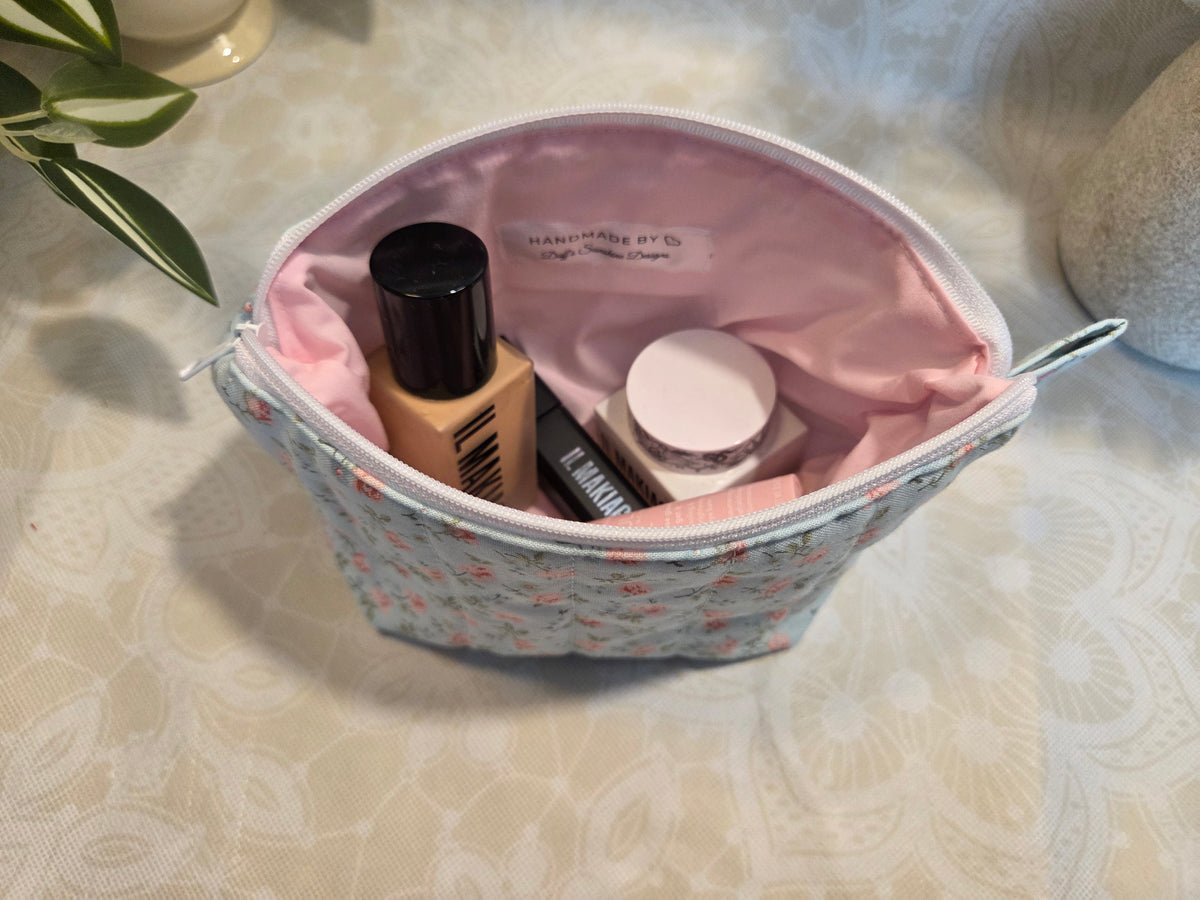 Pink and Blue Peonies Mini Makeup Bag